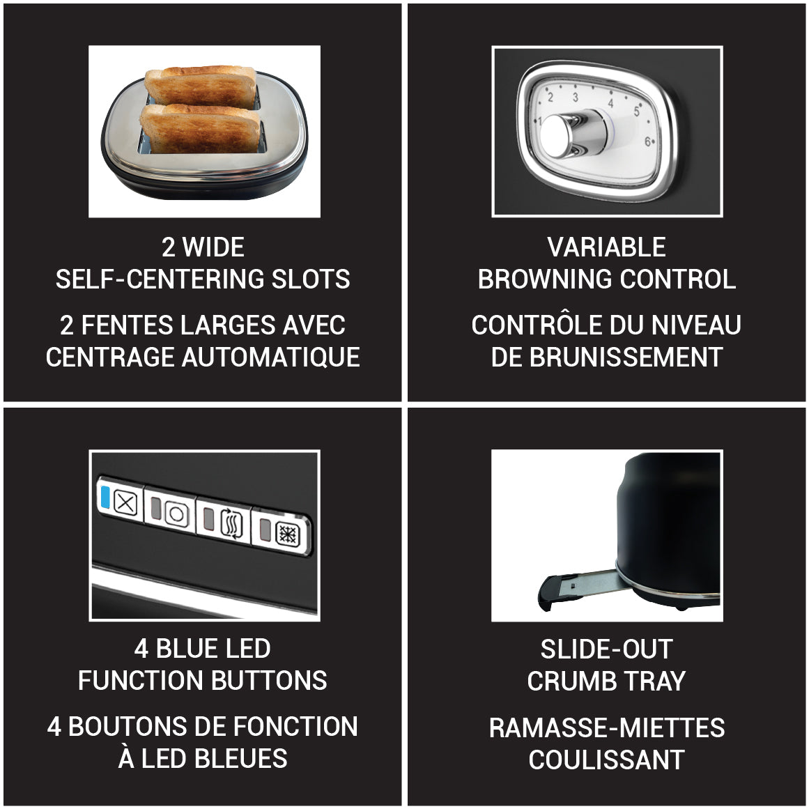 JS Gourmet Grille-pain rétro à 2 tranches à fentes larges avec voyant DEL - Noir mat, 900W - Simple Boutique