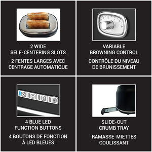 JS Gourmet Grille-pain rétro à 2 tranches à fentes larges avec voyant DEL - Noir mat, 900W - Simple Boutique