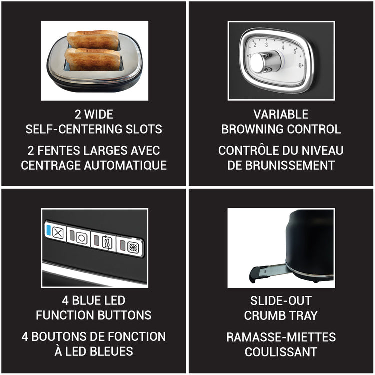 JS Gourmet Grille-pain rétro à 2 tranches à fentes larges avec voyant DEL - Noir mat, 900W - Simple Boutique