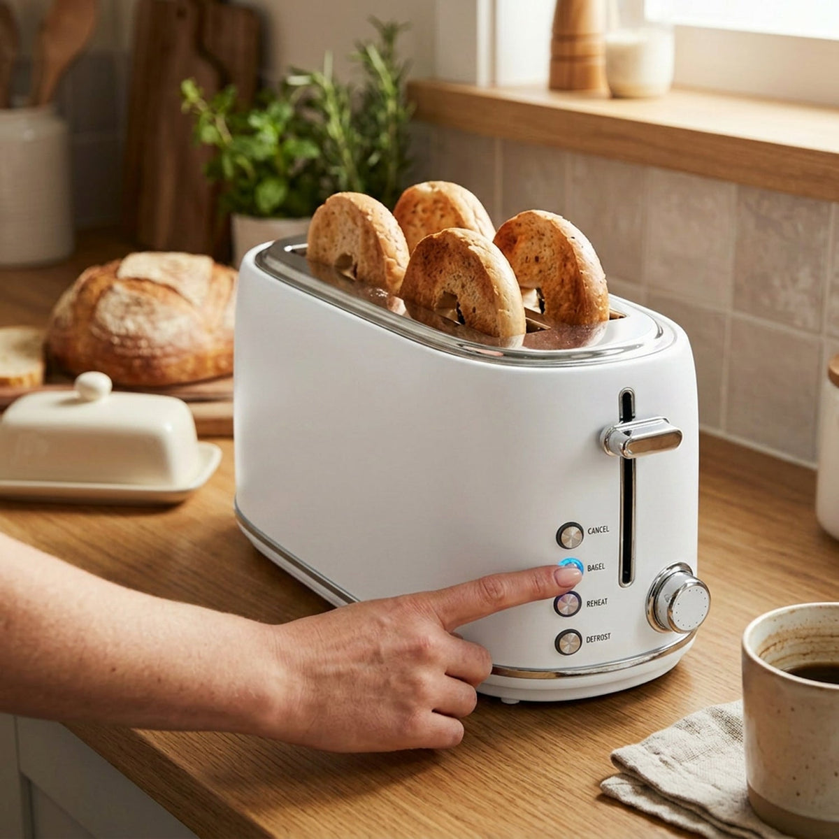 JS Gourmet Grille-pain rétro à 4 tranches à fentes longues avec voyant DEL - Blanc mat, 1500 W - Simple Boutique
