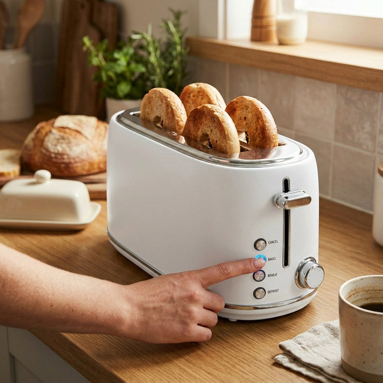 JS Gourmet Grille-pain rétro à 4 tranches à fentes longues avec voyant DEL - Blanc mat, 1500 W - Simple Boutique