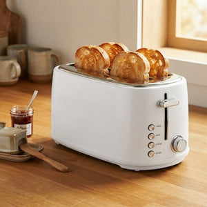 JS Gourmet Grille-pain rétro à 4 tranches à fentes longues avec voyant DEL - Blanc mat, 1500 W - Simple Boutique