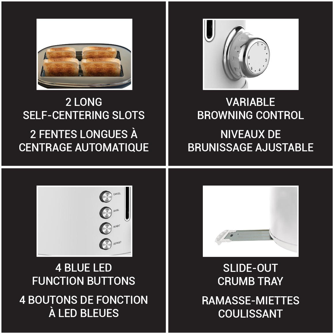 JS Gourmet Grille-pain rétro à 4 tranches à fentes longues avec voyant DEL - Blanc mat, 1500 W - Simple Boutique