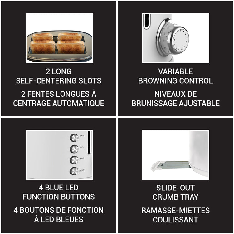 JS Gourmet Grille-pain rétro à 4 tranches à fentes longues avec voyant DEL - Blanc mat, 1500 W - Simple Boutique