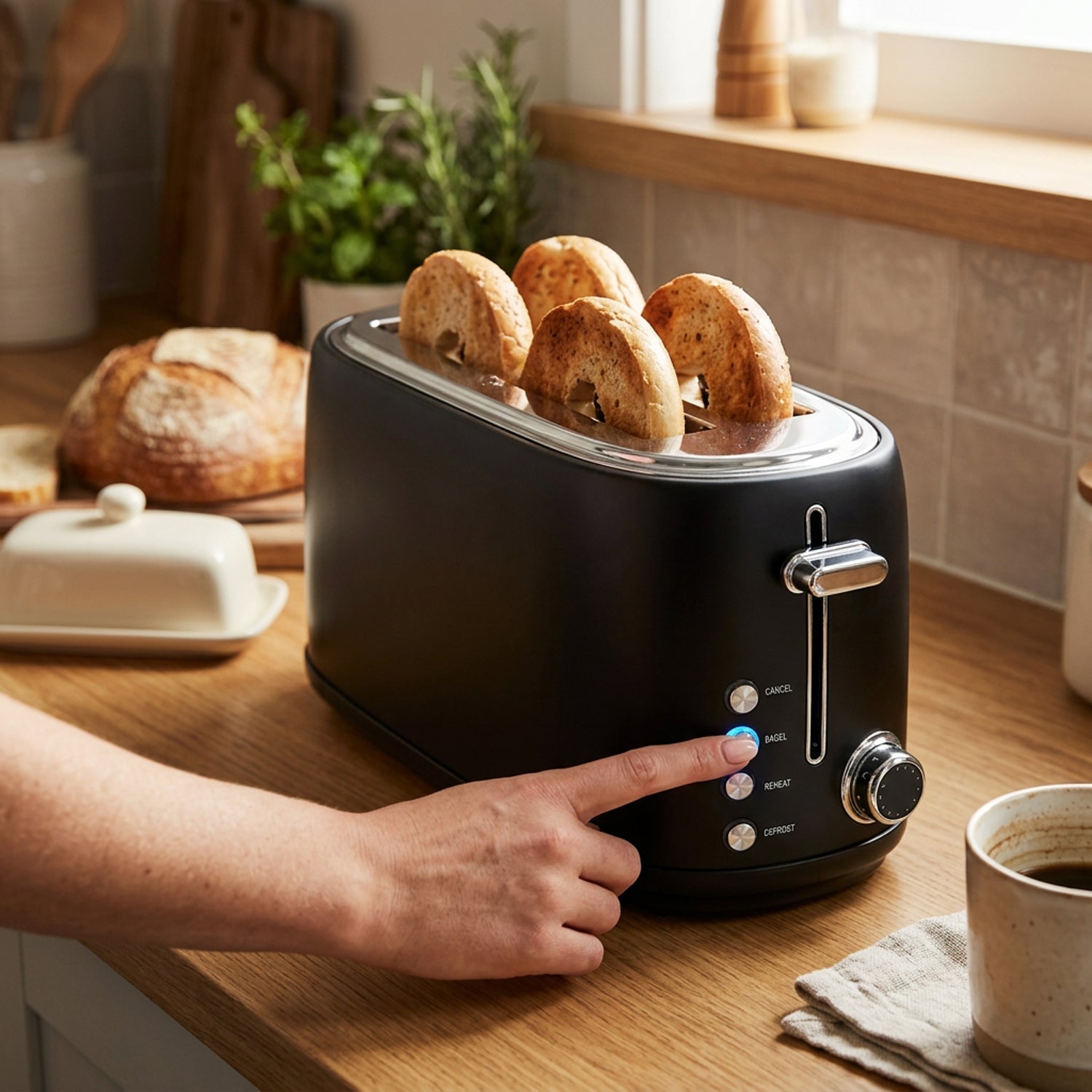 JS Gourmet Grille-pain rétro à 4 tranches à fentes longues avec voyant DEL - Noir mat, 1500 W - Simple Boutique