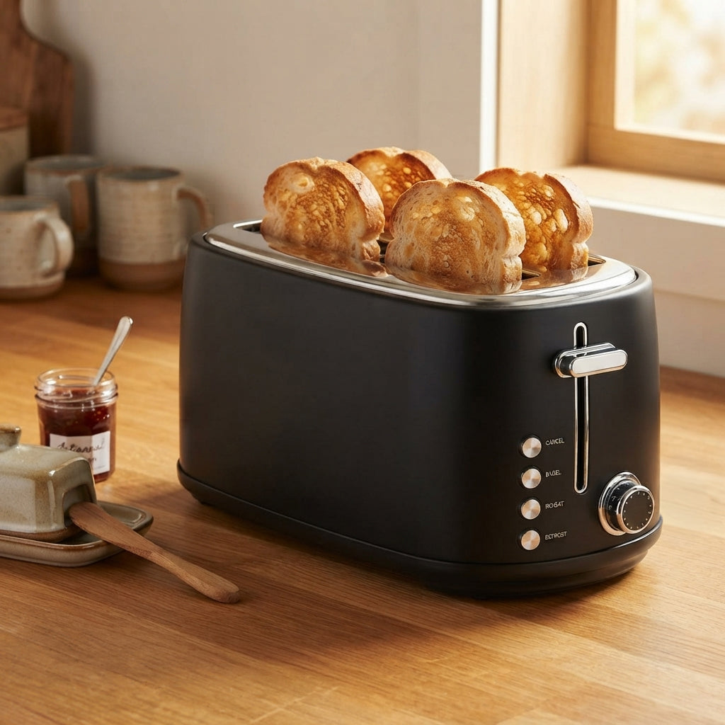 JS Gourmet Grille-pain rétro à 4 tranches à fentes longues avec voyant DEL - Noir mat, 1500 W - Simple Boutique