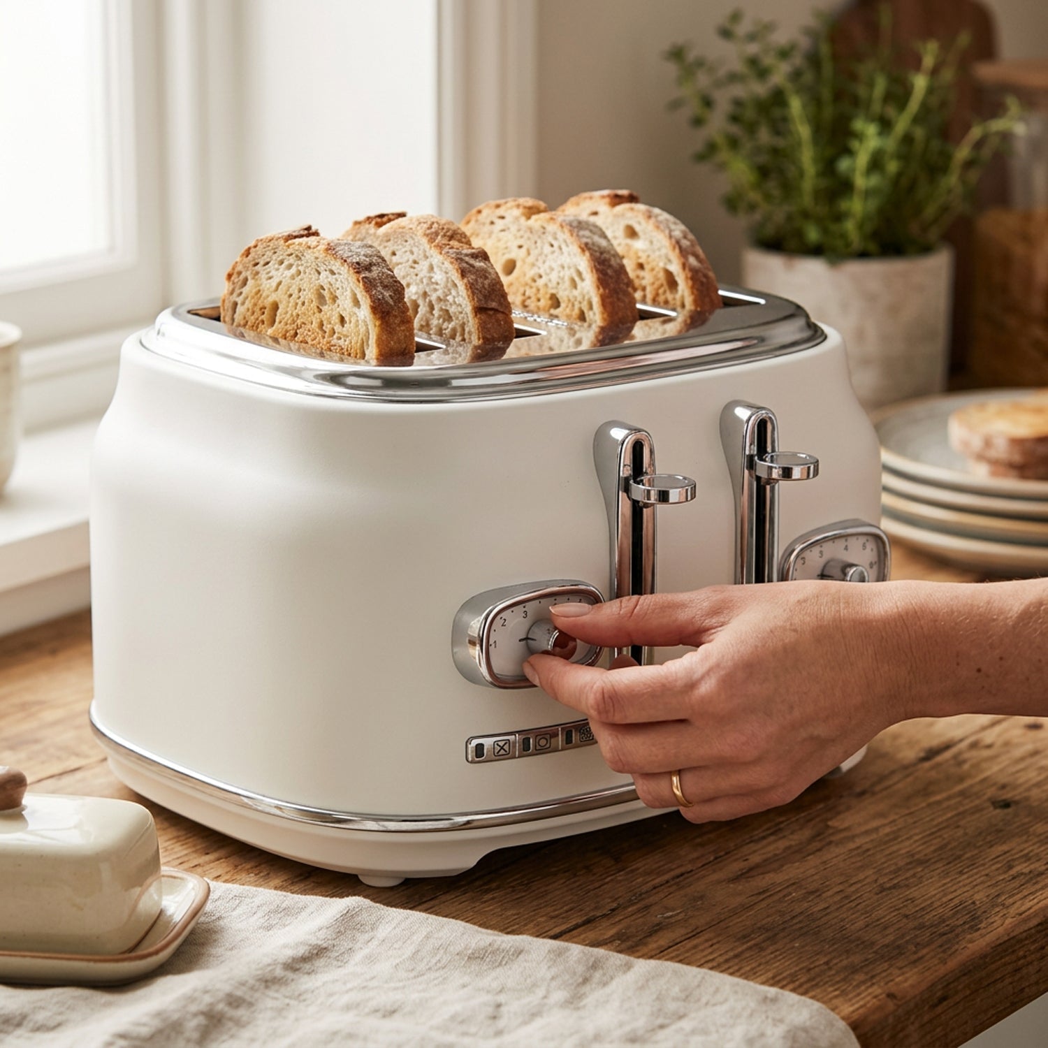 JS Gourmet Grille-pain rétro à large fente pour 4 tranches avec voyant DEL - Blanc mat, 1500 W - Simple Boutique
