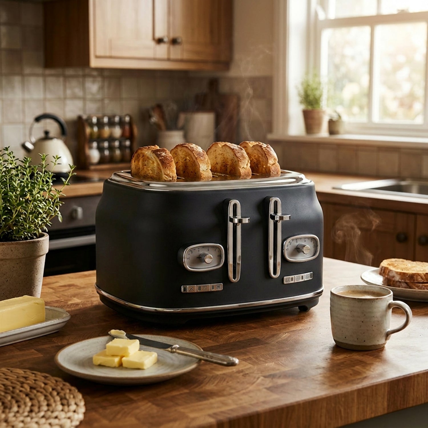 JS Gourmet Grille-pain rétro à large fente pour 4 tranches avec voyant DEL - Noir mat, 1500 W - Simple Boutique