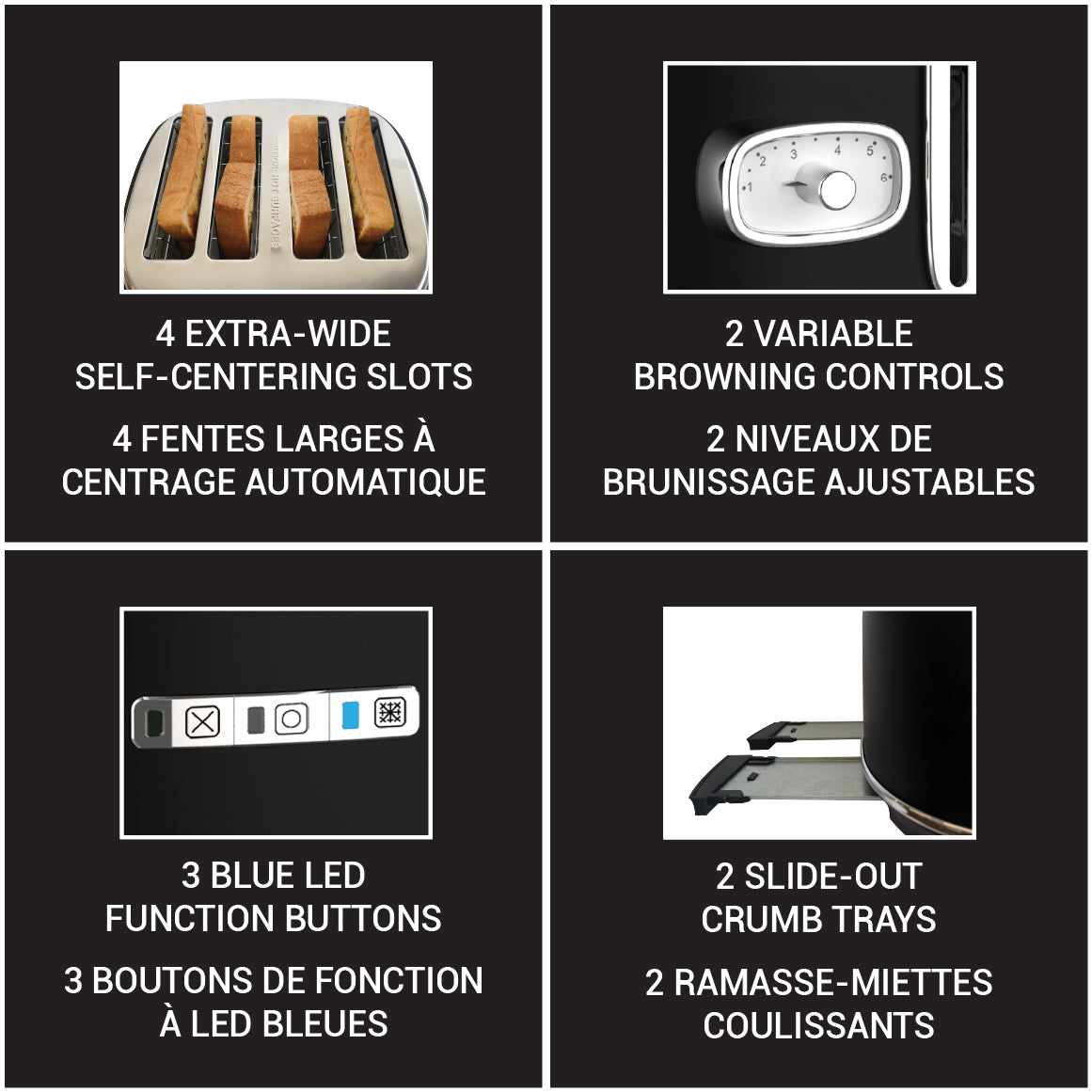 JS Gourmet Grille-pain rétro à large fente pour 4 tranches avec voyant DEL - Noir mat, 1500 W - Simple Boutique