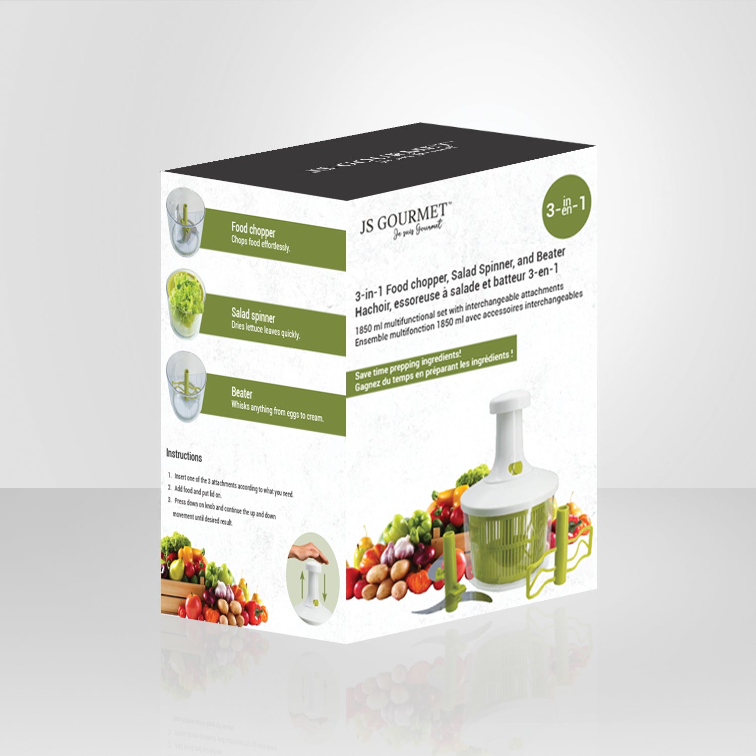 JS Gourmet - Hachoir, Essoreuse à Salade et Batteur 3 en 1, Capacité de 1850ml, Vert - Simple Boutique