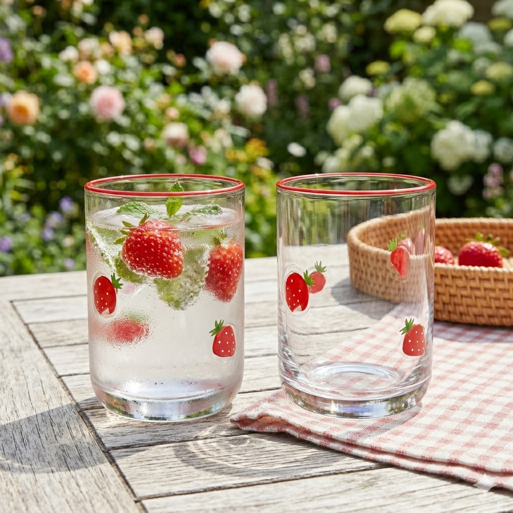 JS Gourmet Icône – Verres gobelets 3D à l'ancienne, fraise / rebord rouge (Lot de 2) - Simple Boutique