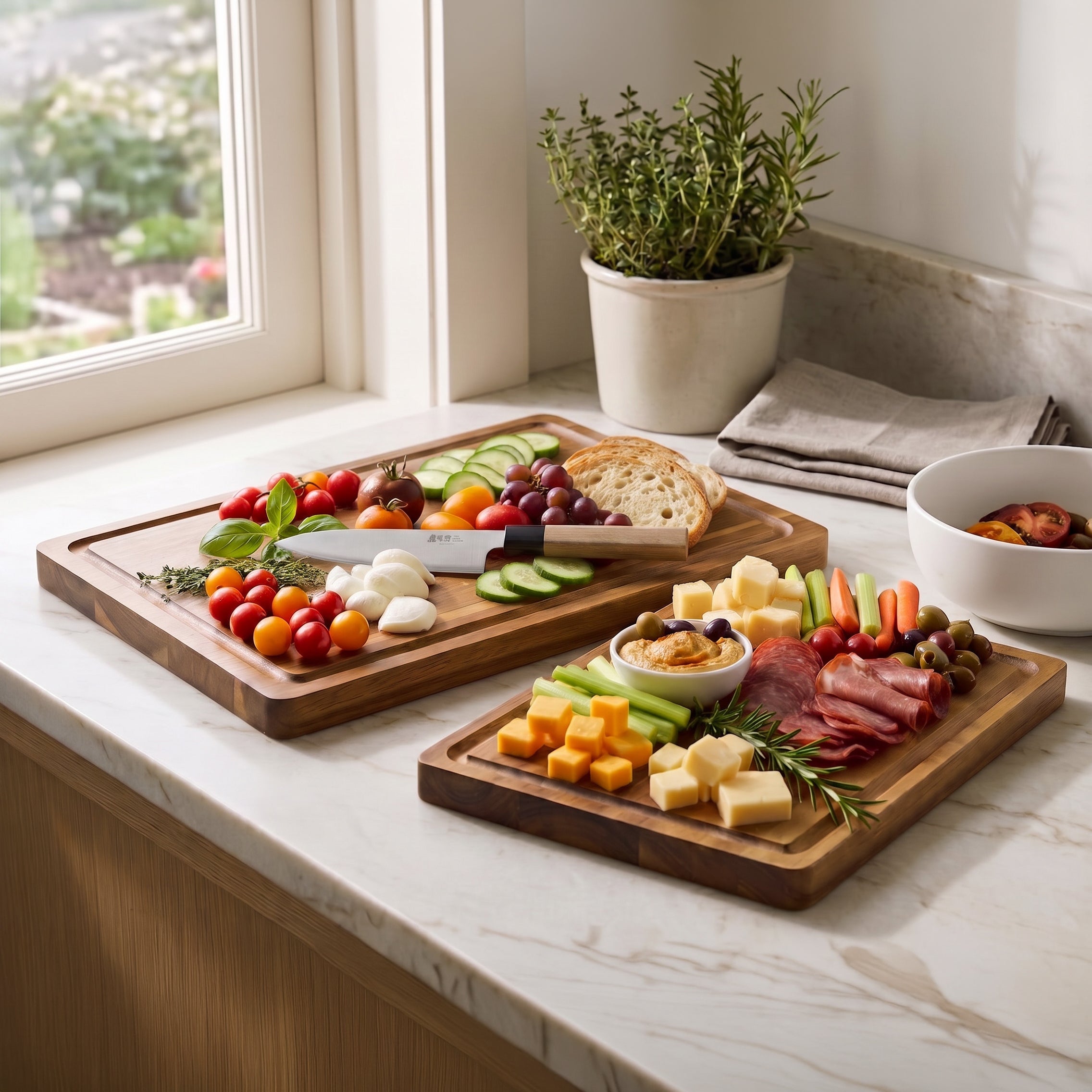 JS Gourmet Lot de 2 planches à découper en bois d'acacia avec rainure à jus — 33 cm et 38 cm - Simple Boutique