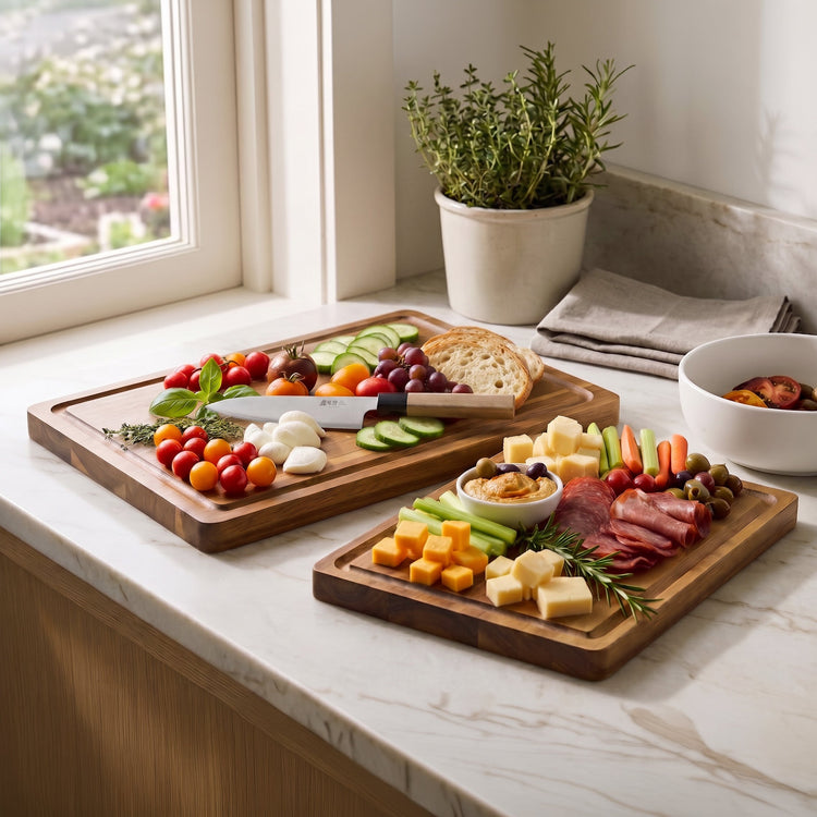 JS Gourmet Lot de 2 planches à découper en bois d'acacia avec rainure à jus — 33 cm et 38 cm - Simple Boutique