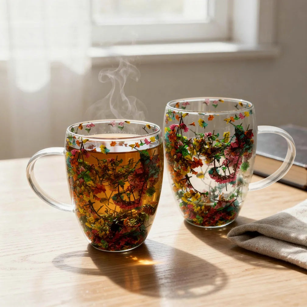 JS Gourmet Lot de 2 tasses en verre à double paroi avec fleurs séchées flottantes, 350 ml - Simple Boutique