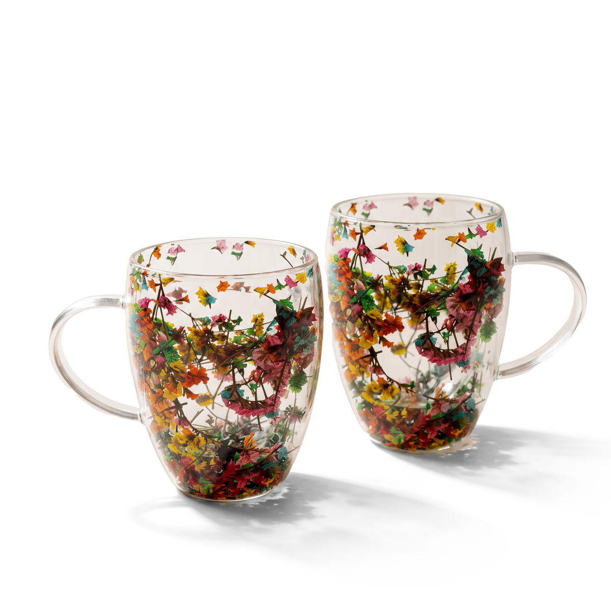 JS Gourmet Lot de 2 tasses en verre à double paroi avec fleurs séchées flottantes, 350 ml - Simple Boutique