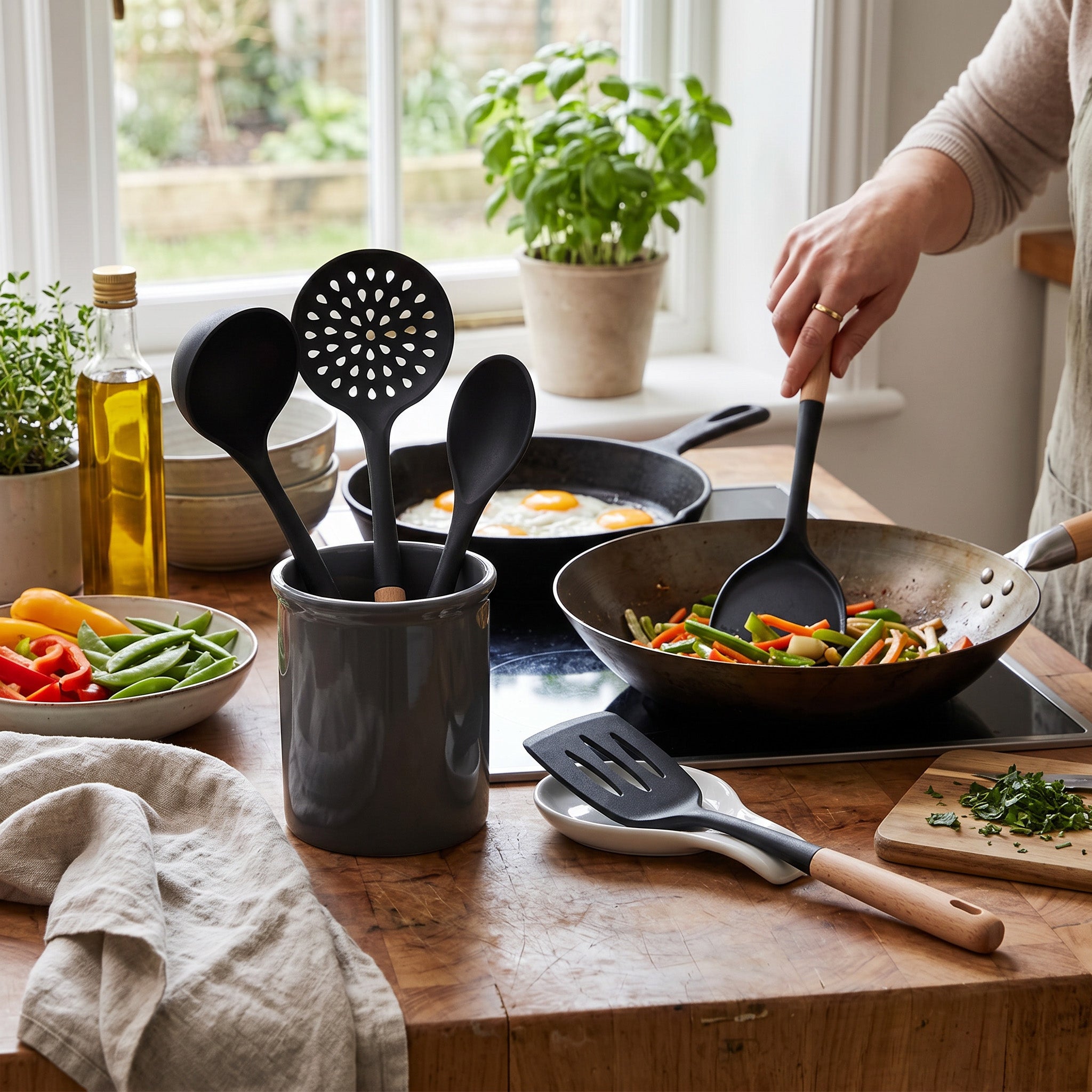 JS Gourmet Lot de 5 ustensiles de cuisine en bois de hêtre et silicone - Noir - Simple Boutique