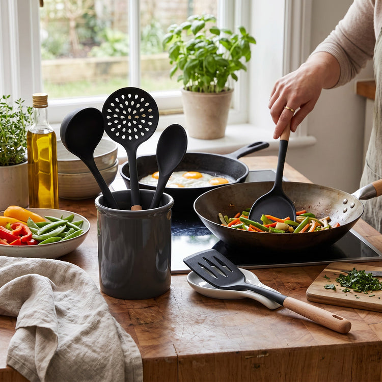 JS Gourmet Lot de 5 ustensiles de cuisine en bois de hêtre et silicone - Noir - Simple Boutique