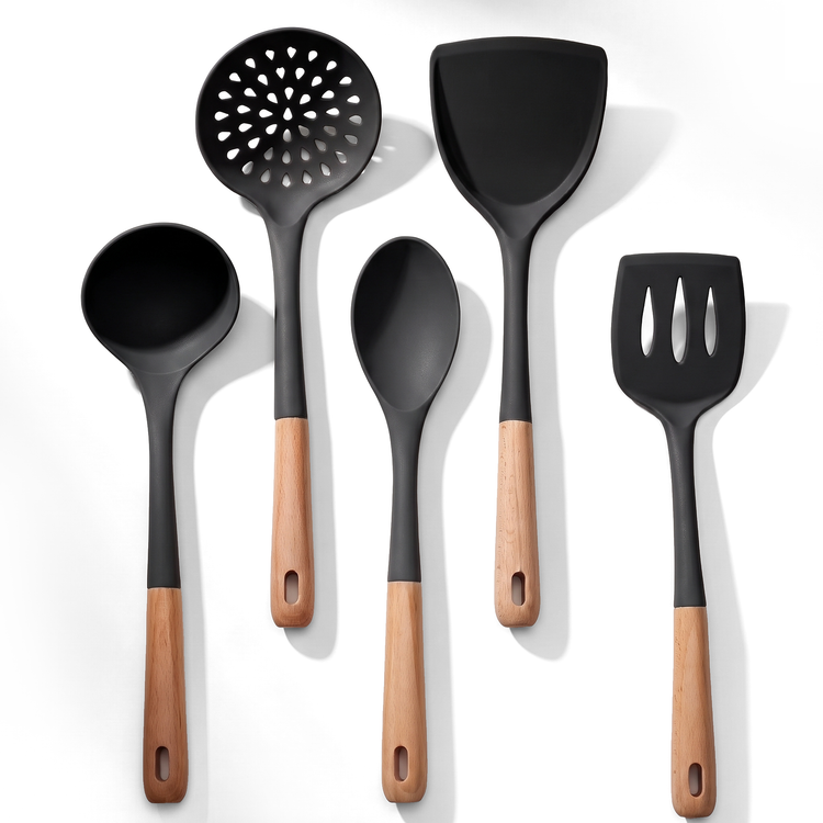 JS Gourmet Lot de 5 ustensiles de cuisine en bois de hêtre et silicone - Noir - Simple Boutique