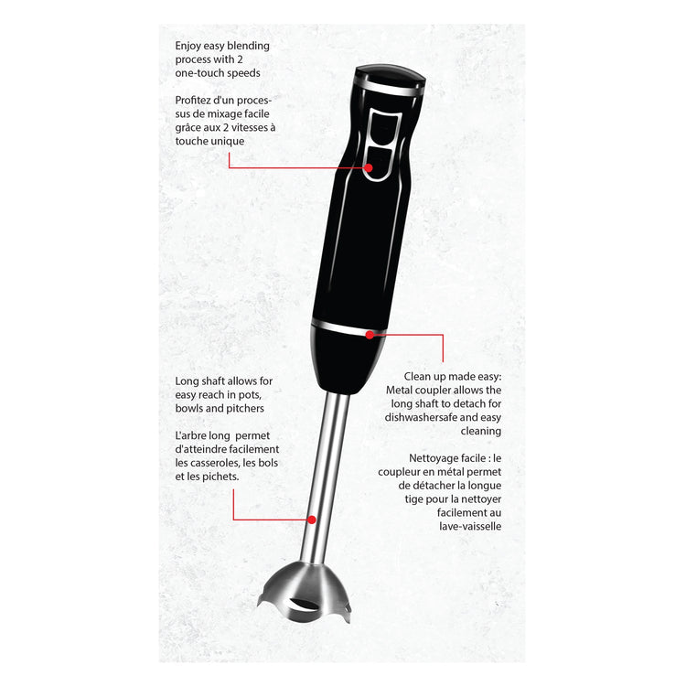 JS Gourmet - Mélangeur à Main à 2 Vitesses, Lame en Acier Inoxydable, 300 Watts, Noir - Simple Boutique