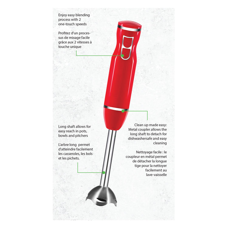 JS Gourmet - Mélangeur à Main à 2 Vitesses, Lame en Acier Inoxydable, 300 Watts, Rouge - Simple Boutique