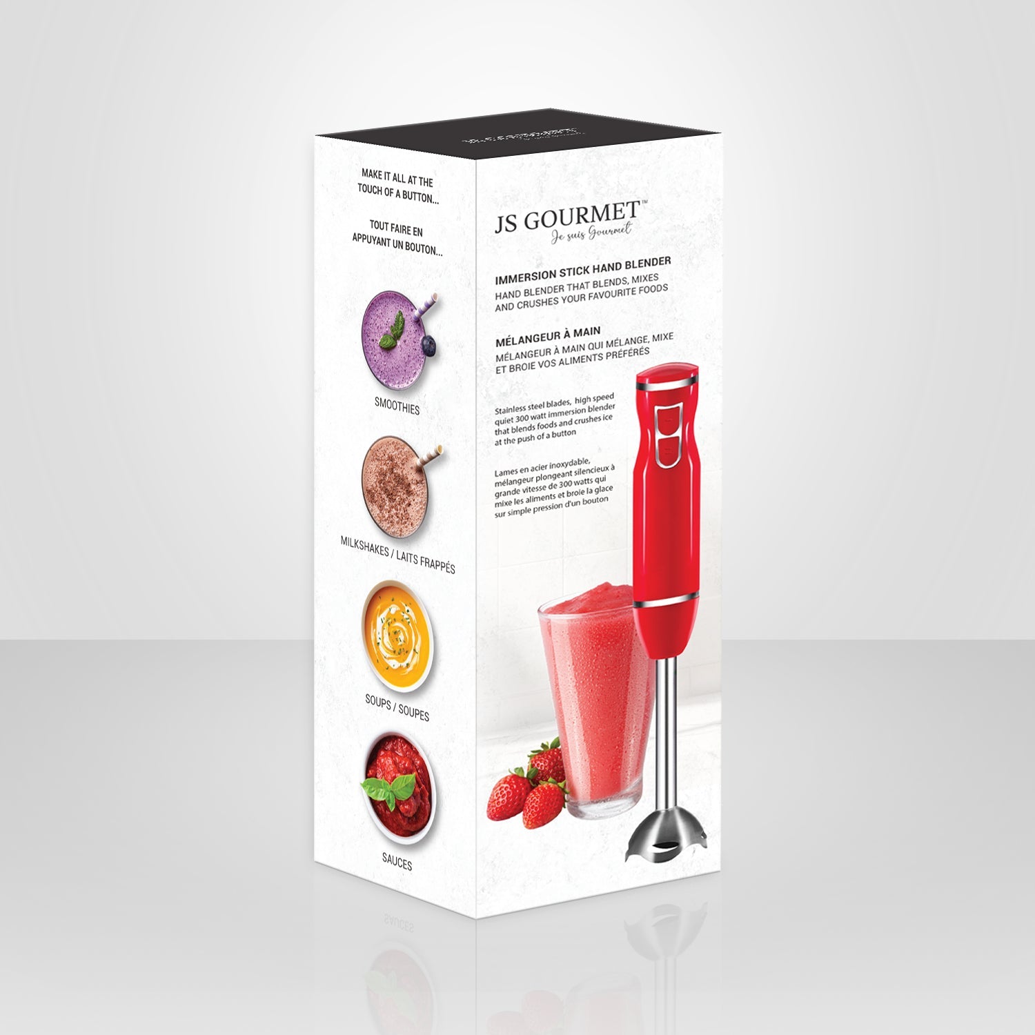 JS Gourmet - Mélangeur à Main à 2 Vitesses, Lame en Acier Inoxydable, 300 Watts, Rouge - Simple Boutique