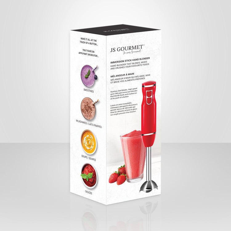JS Gourmet - Mélangeur à Main à 2 Vitesses, Lame en Acier Inoxydable, 300 Watts, Rouge - Simple Boutique