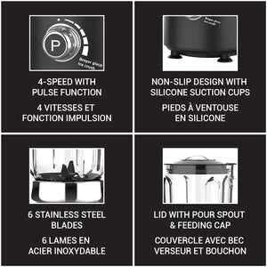 JS Gourmet Mélangeur électrique rétro avec pichet en verre de 1,5 L - 750 W, noir et chrome - Simple Boutique