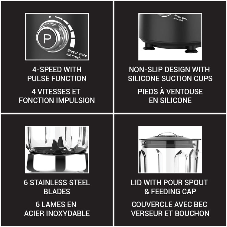 JS Gourmet Mélangeur électrique rétro avec pichet en verre de 1,5 L - 750 W, noir et chrome - Simple Boutique
