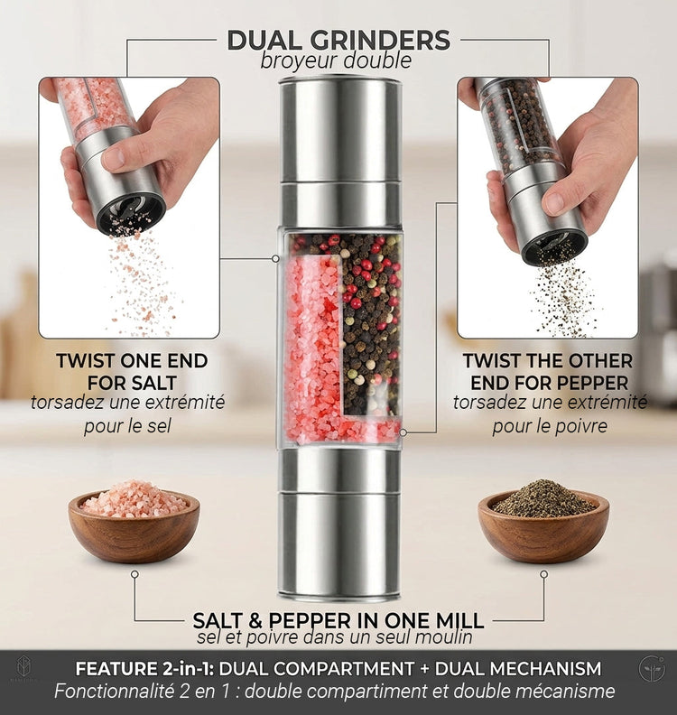 JS Gourmet Moulin à sel et à poivre 2 en 1 - Acier inoxydable - Simple Boutique
