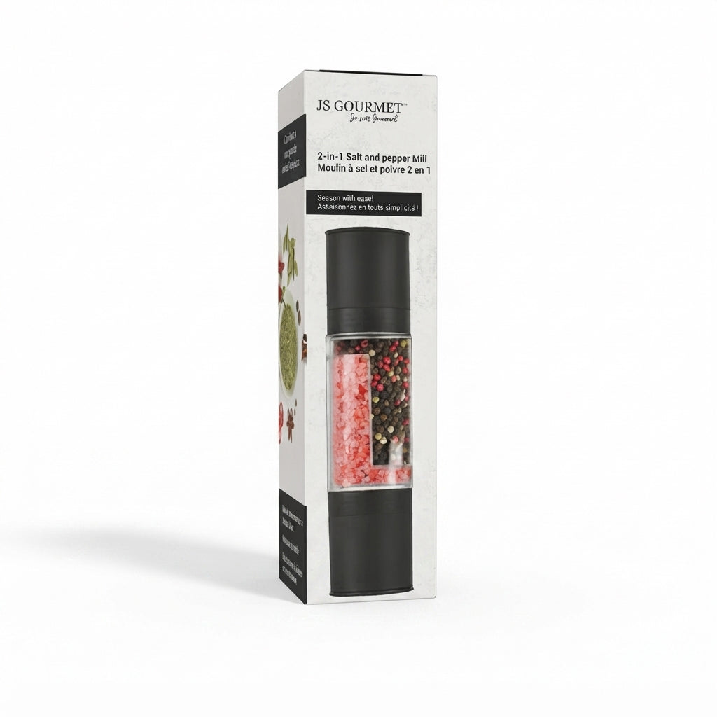 JS Gourmet Moulin à sel et poivre 2-en-1 - Noir, Mouture ajustable - emballage - Simple Boutique
