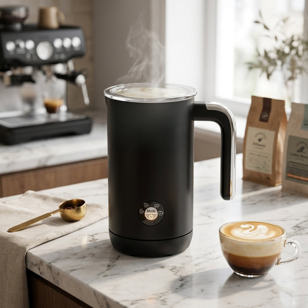 JS Gourmet Mousseur à lait électrique rétro avec poignée - Noir mat, 4 modes - Simple Boutique