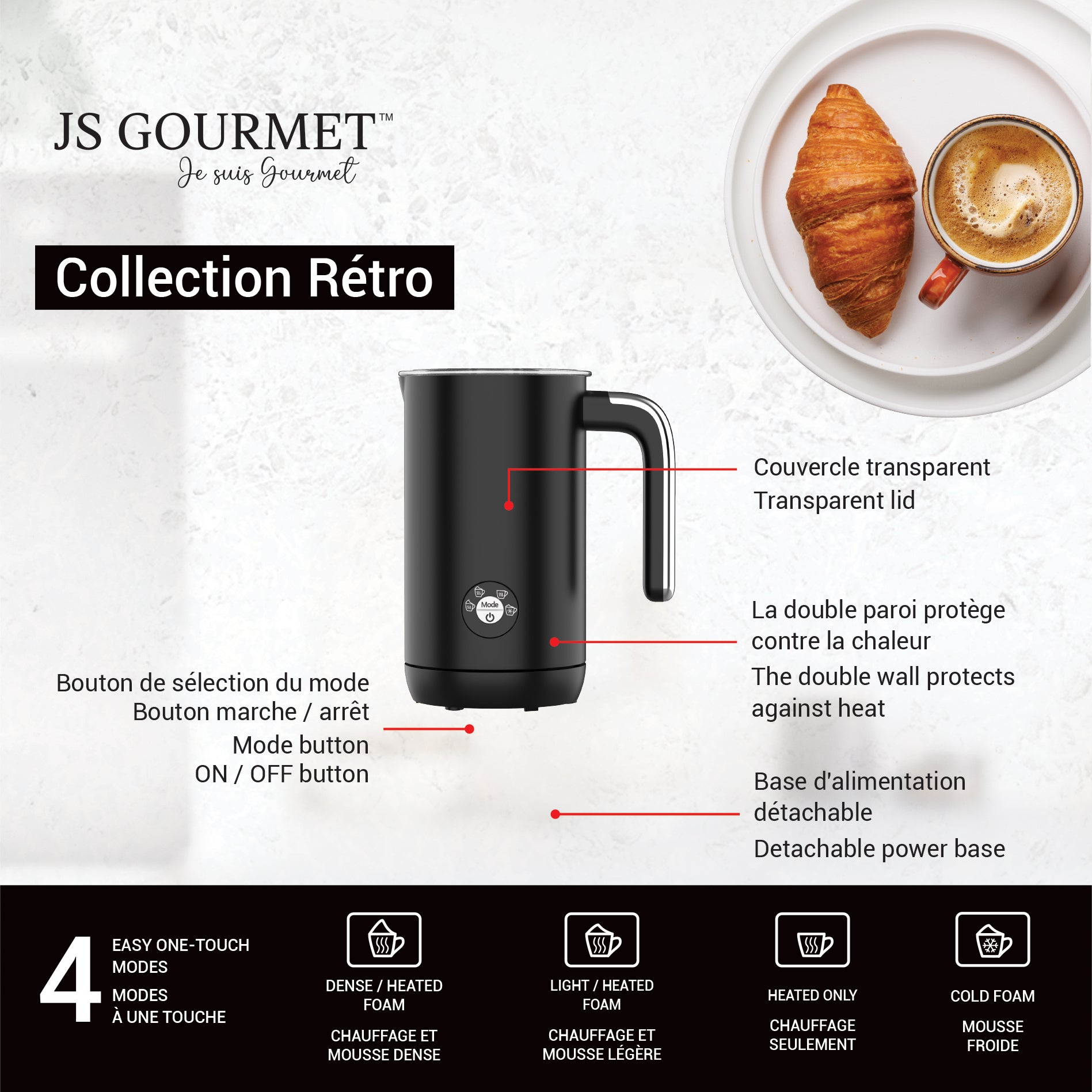 JS Gourmet Mousseur à lait électrique rétro avec poignée - Noir mat, 4 modes - Simple Boutique