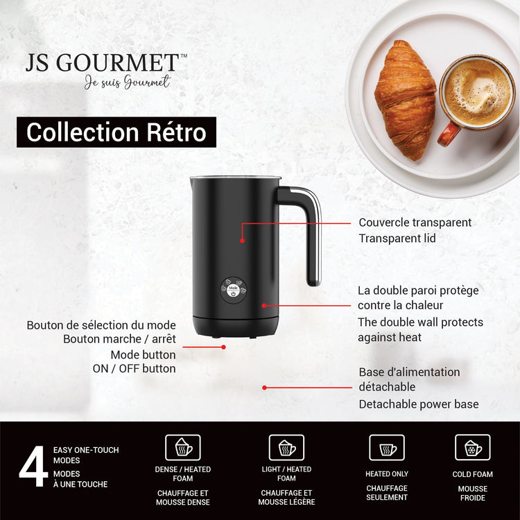 JS Gourmet Mousseur à lait électrique rétro avec poignée - Noir mat, 4 modes - Simple Boutique