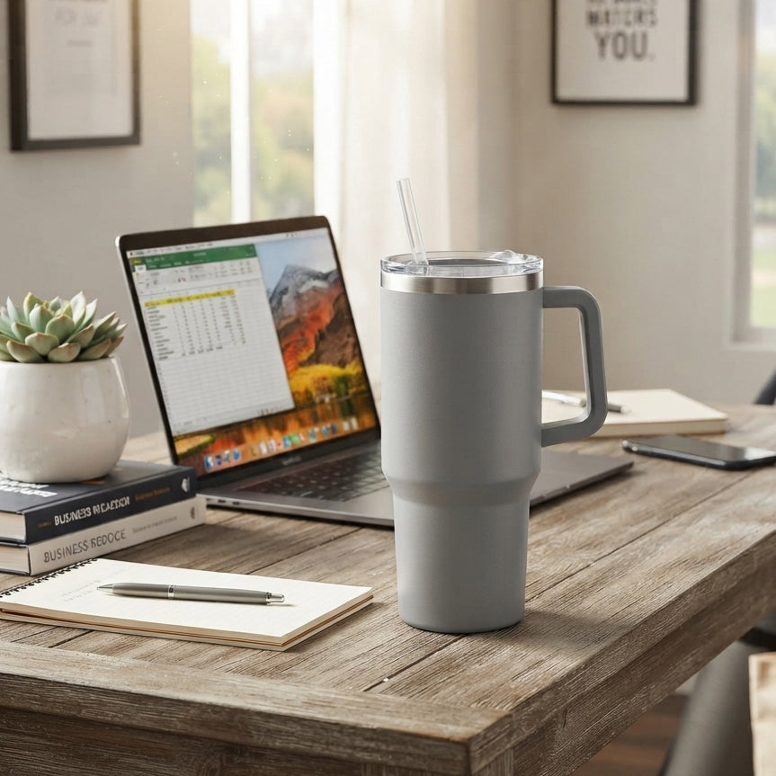 JS Gourmet Mug de voyage isotherme double paroi en acier inoxydable, 1,2 L / 40 oz - Gris clair - Simple Boutique