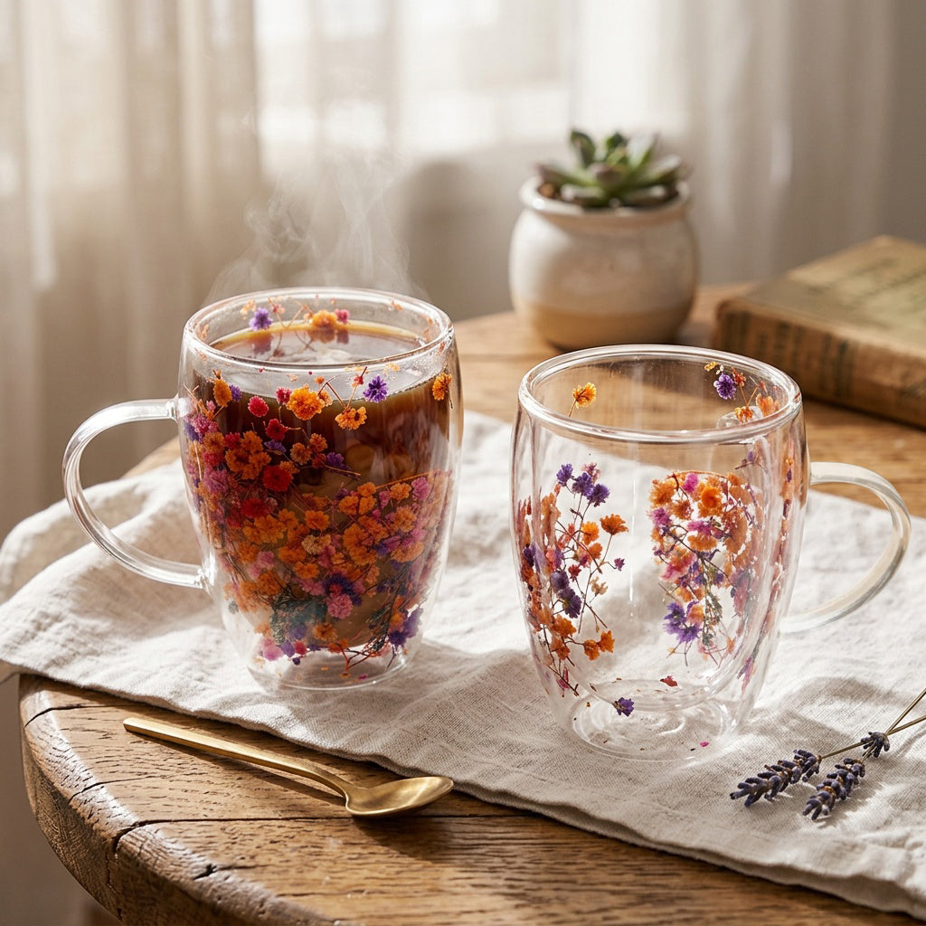 JS Gourmet Mug en verre à double paroi avec fleurs séchées flottantes 350 ml (lot de 2) - Simple Boutique