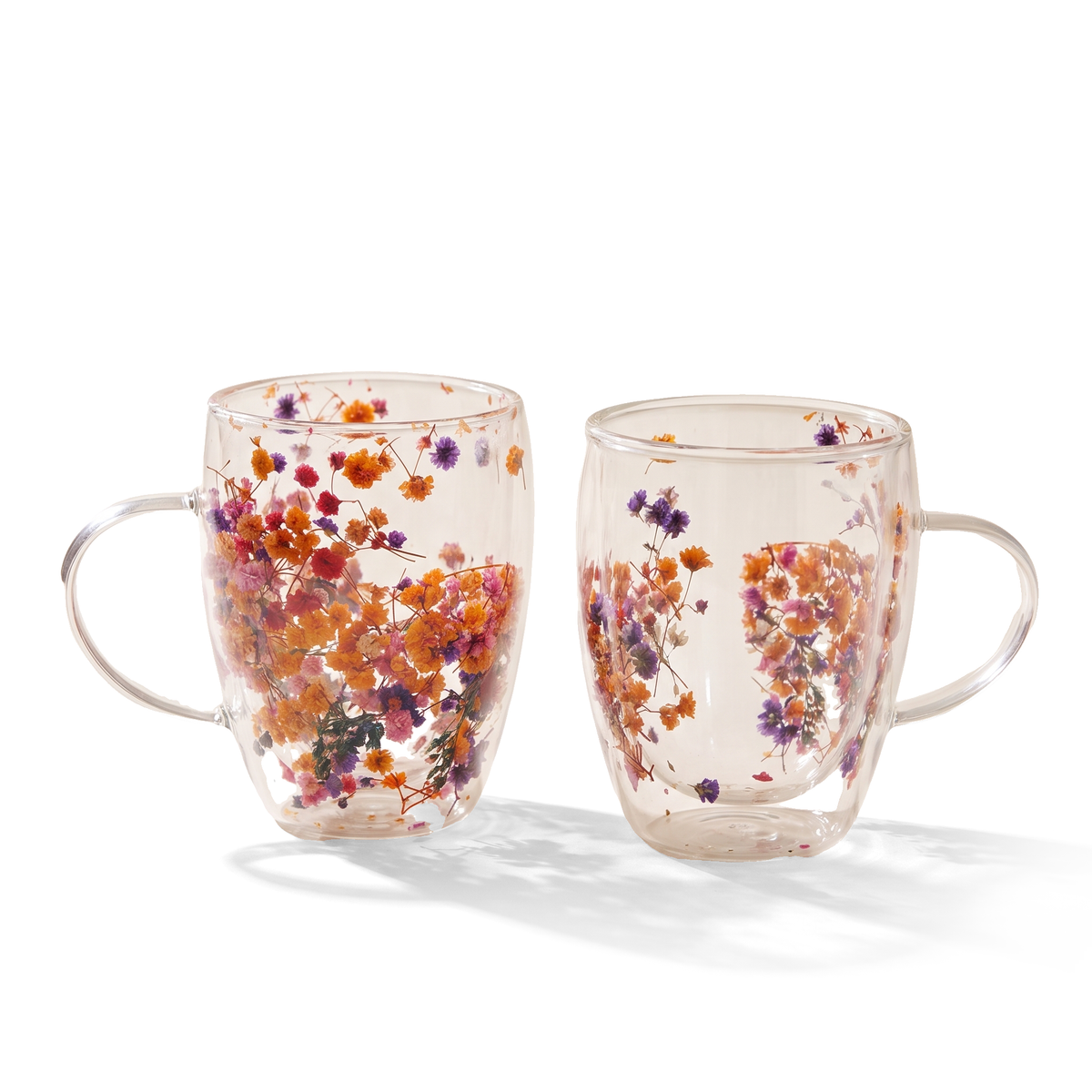 JS Gourmet Mug en verre à double paroi avec fleurs séchées flottantes 350 ml (lot de 2) - Simple Boutique