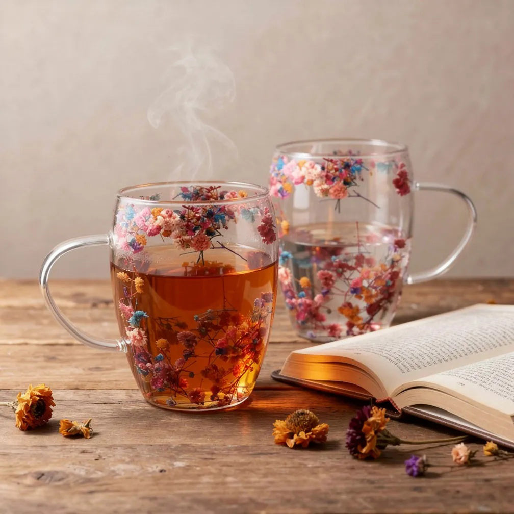 JS Gourmet Mug en verre à double paroi avec fleurs séchées flottantes roses et corail, 350 ml - Lot de 2 - Simple Boutique