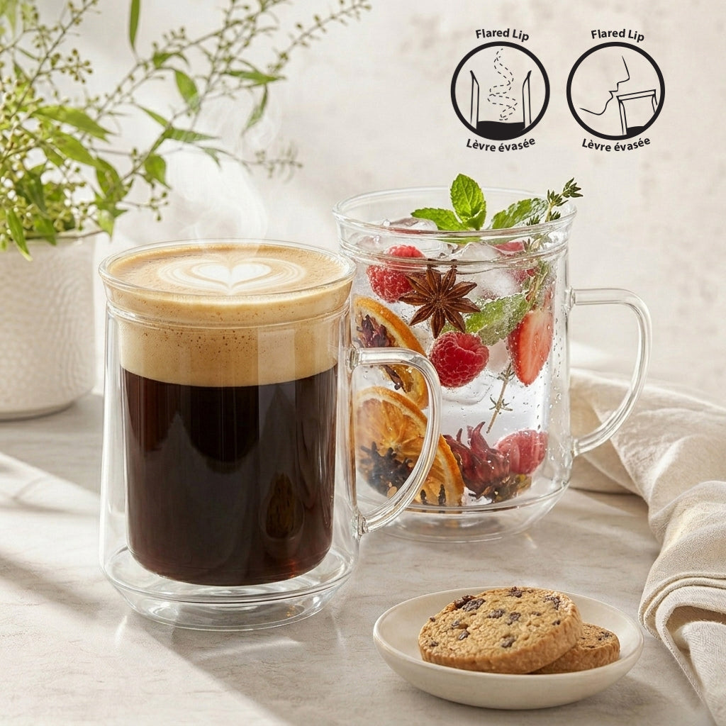 JS Gourmet Mug en verre à double paroi et à lèvre simple avec anse, Lot de 2 - 350 ml - Simple Boutique