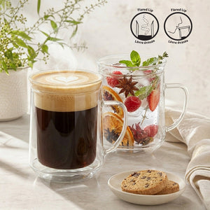 JS Gourmet Mug en verre à double paroi et à lèvre simple avec anse, Lot de 2 - 350 ml - Simple Boutique