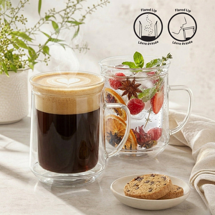 JS Gourmet Mug en verre à double paroi et à lèvre simple avec anse, Lot de 2 - 350 ml - Simple Boutique