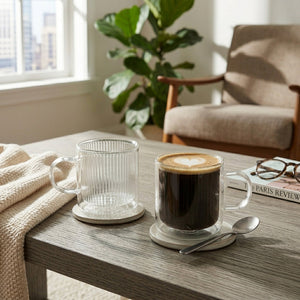 JS Gourmet Mug en verre à double paroi, grain vertical, avec anse, lot de 2 (transparent) - Simple Boutique