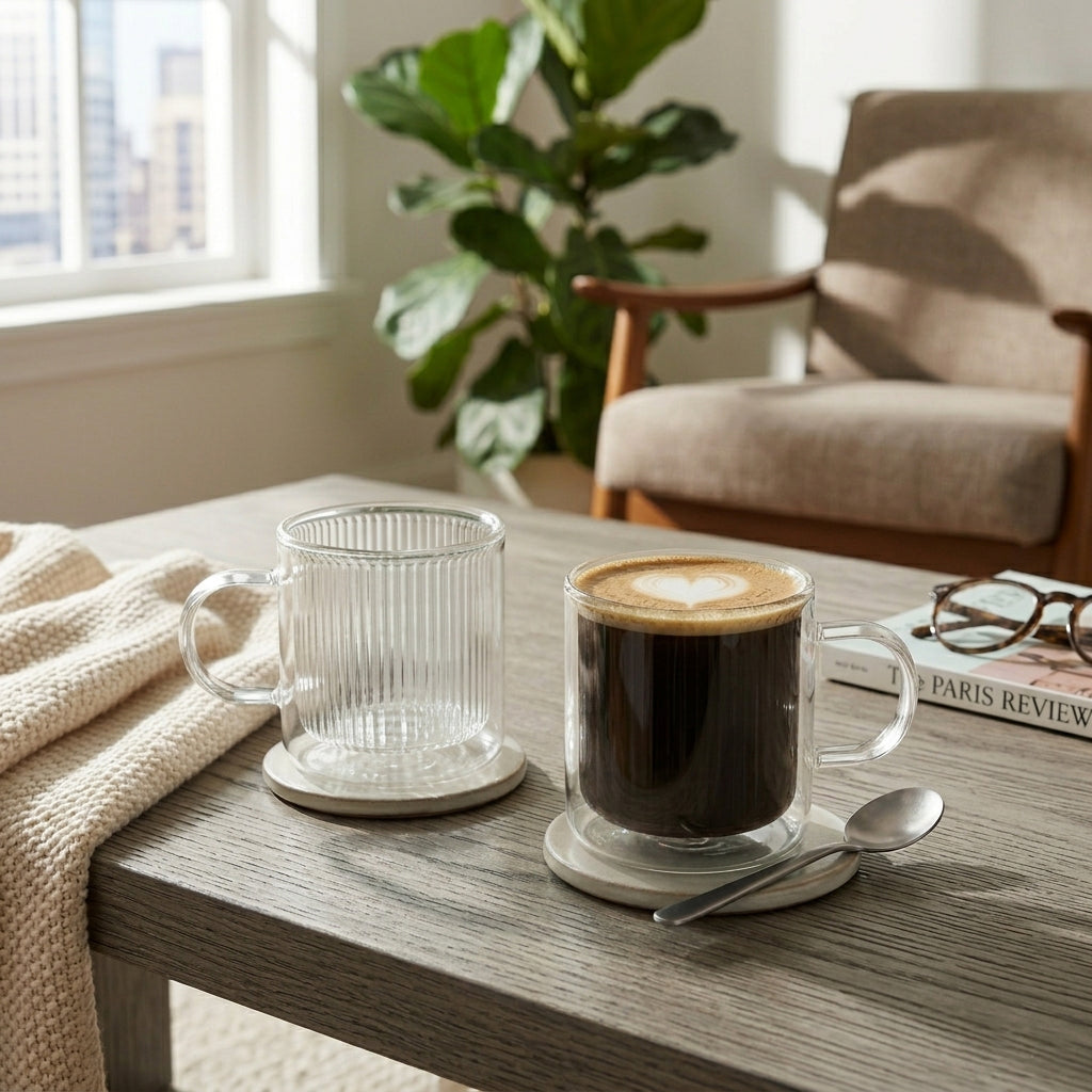 JS Gourmet Mug en verre à double paroi, grain vertical, avec anse, transparent - Lot de 2 - Simple Boutique