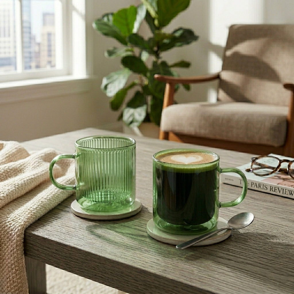 JS Gourmet Mug en verre à double paroi, grain vertical, avec poignée, lot de 2 (vert) - Simple Boutique