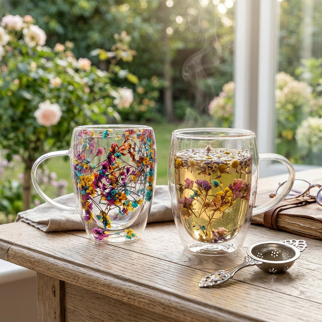 JS Gourmet Mug isotherme en verre à double paroi avec fleurs séchées flottantes, lot de 2 (350 ml) - Simple Boutique