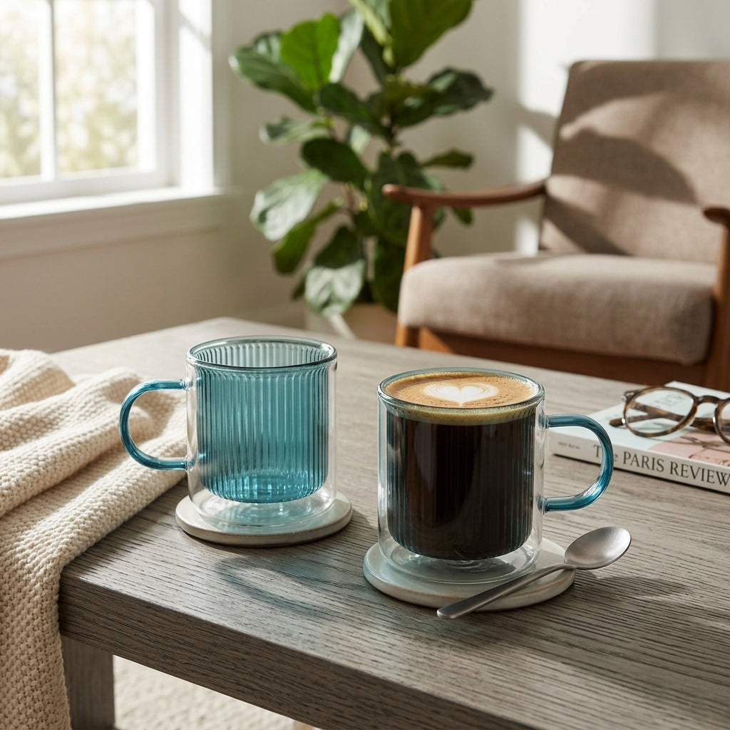 JS Gourmet Mugs en verre double paroi à grain vertical avec anse, lot de 2 (bleu) - Simple Boutique