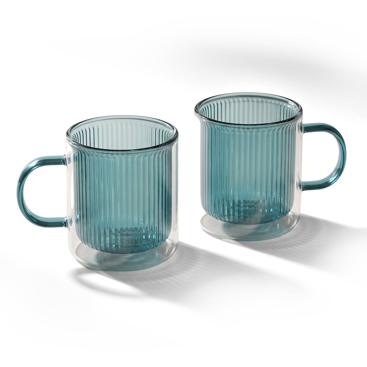 JS Gourmet Mugs en verre double paroi à grain vertical avec anse, lot de 2 (bleu) - Simple Boutique
