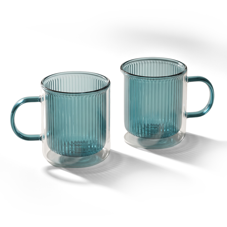 JS Gourmet Mugs en verre double paroi à grain vertical avec anse, lot de 2 (bleu) - Simple Boutique