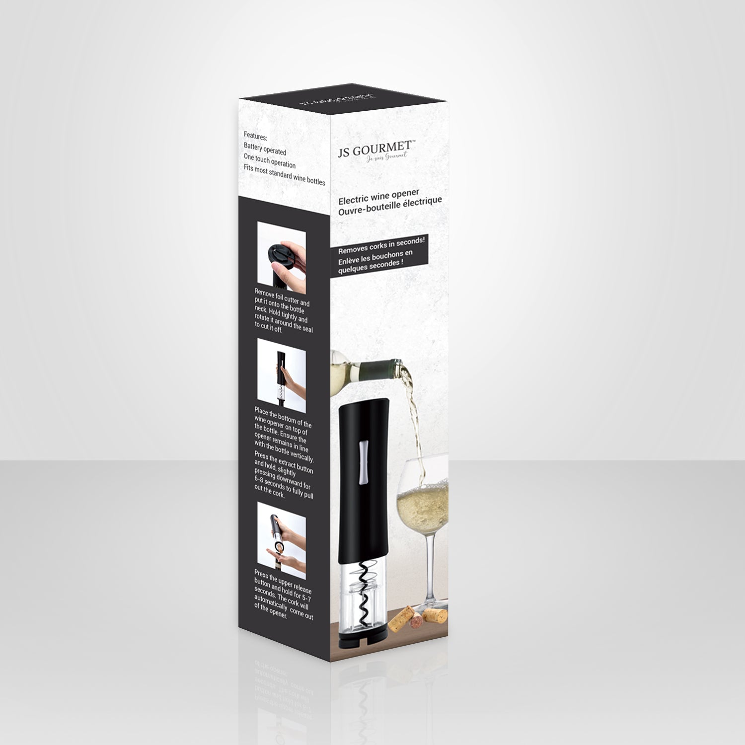 JS Gourmet - Ouvre-Bouteille Électrique à Batterie avec Coupe-Capsule, Noir - Simple Boutique