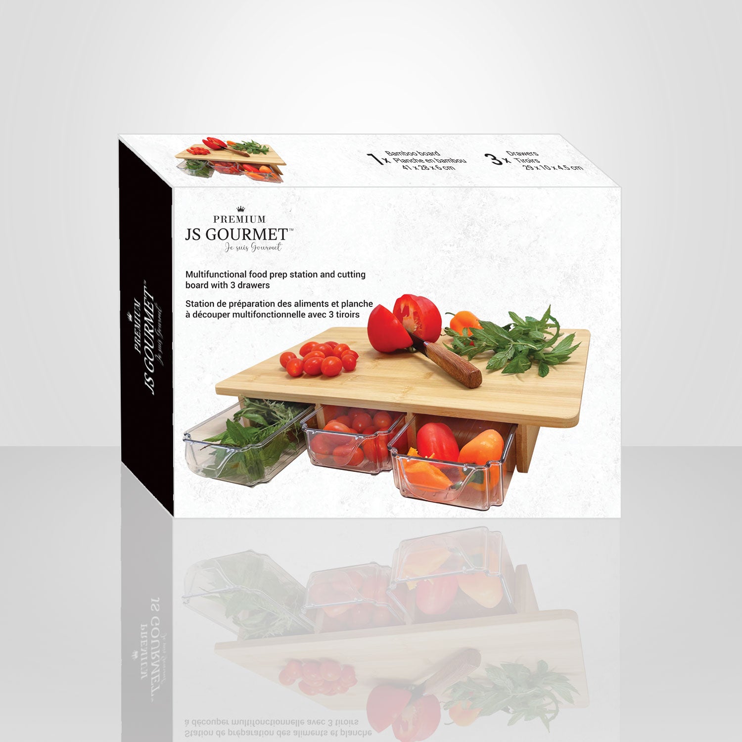 JS Gourmet - Planche à Découper en Bambou Avec 3 Tiroirs Coulissant - Simple Boutique