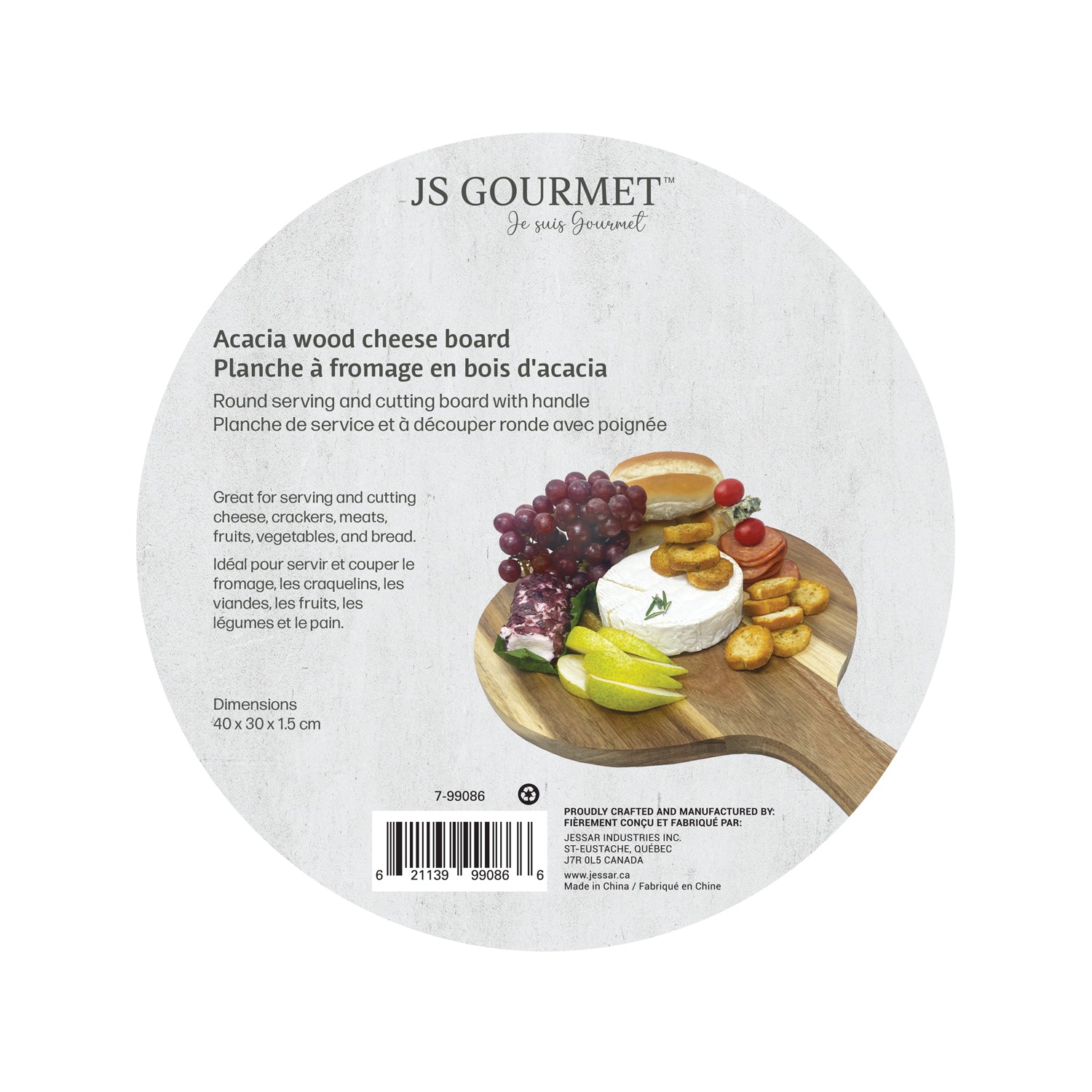 JS Gourmet - Planche à Fromage Ronde avec Poignée, Fabriqué en Bois d'acacia - Simple Boutique